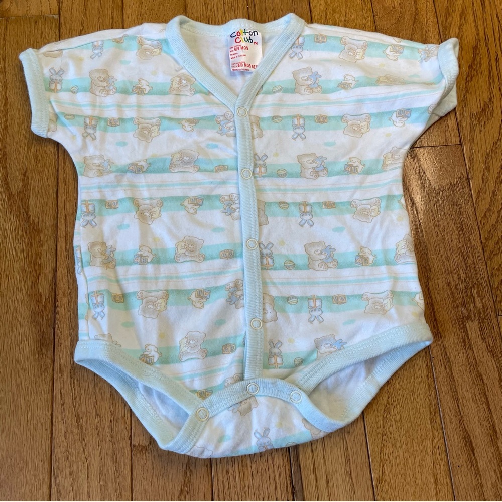 COTTON CLUB GREEN WHITE STRIPED TEDDY BEAR BUNNY GRAPHIC ONE PIECE SZ 6/9 MONTHS